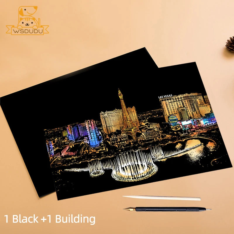 Scratch & Reveal: World Landmarks Night Edition – Stress Relief Art Kit for Adults & Kids