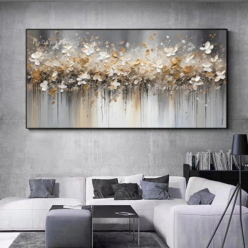 Luxe Petal | 3D Hand-Painted Abstract Gold Flowers – Elegant Knife Canvas Wall Art