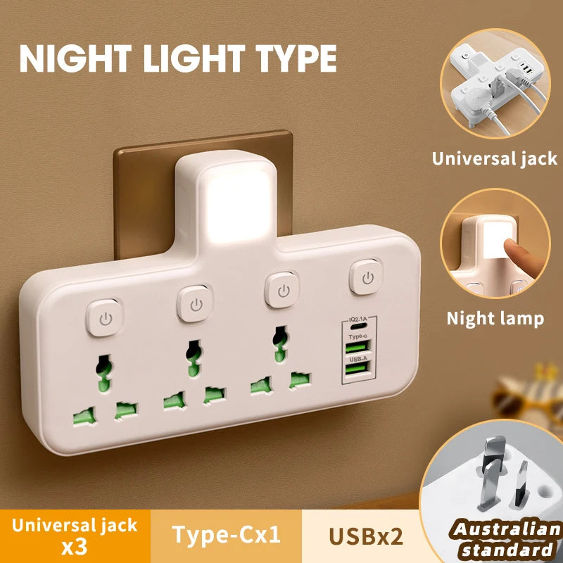 Universal Wall Power Strip with USB & Switch | EU UK US AU Plug Adapter