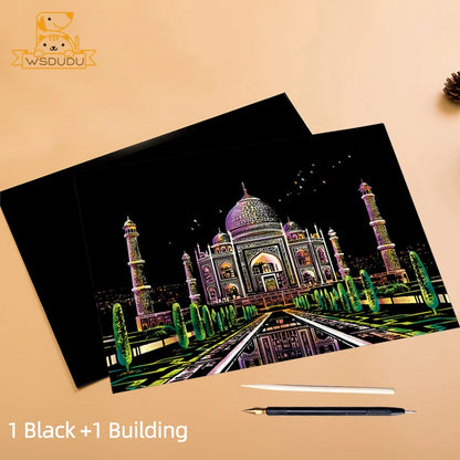 Scratch & Reveal: World Landmarks Night Edition – Stress Relief Art Kit for Adults & Kids