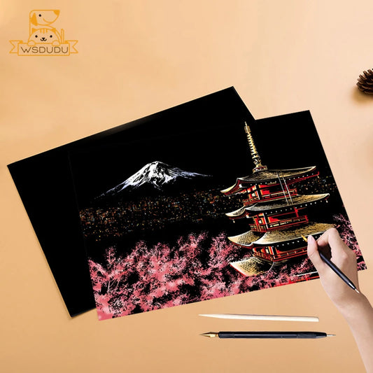 Scratch & Reveal: World Landmarks Night Edition – Stress Relief Art Kit for Adults & Kids