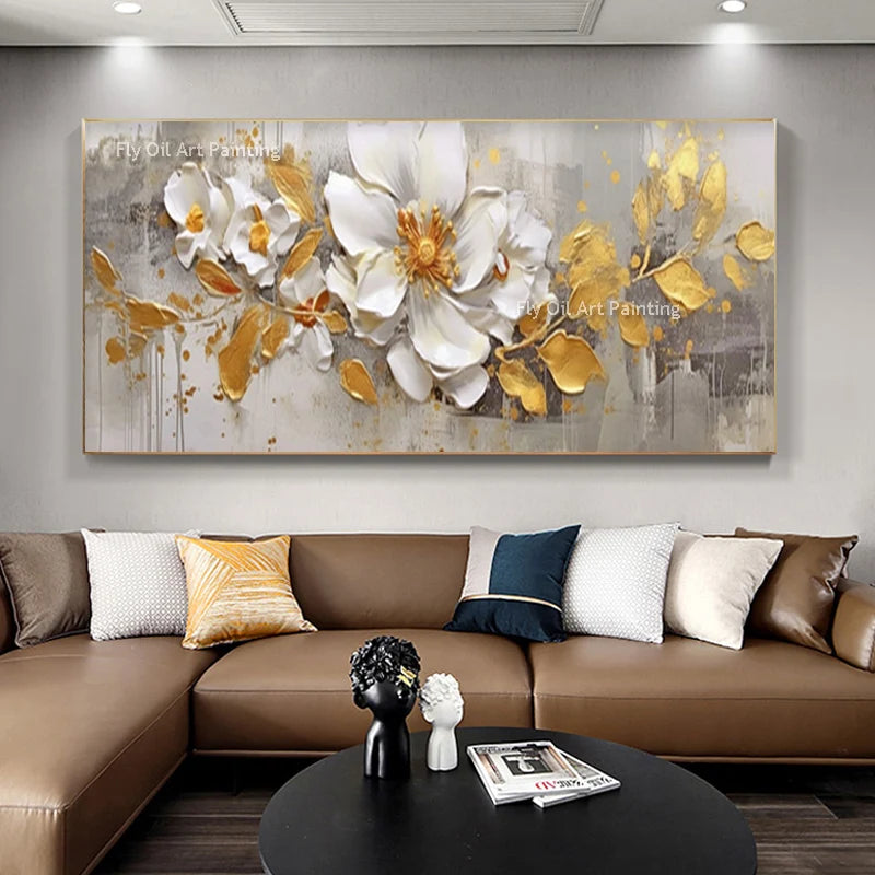 Luxe Petal | 3D Hand-Painted Abstract Gold Flowers – Elegant Knife Canvas Wall Art