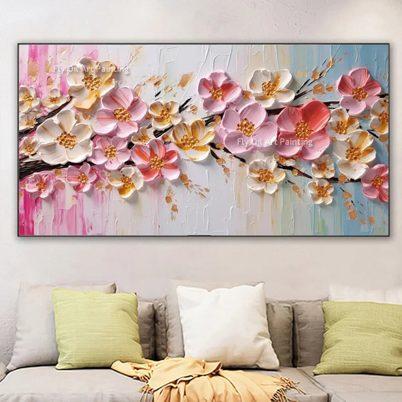 Luxe Petal | 3D Hand-Painted Abstract Gold Flowers – Elegant Knife Canvas Wall Art