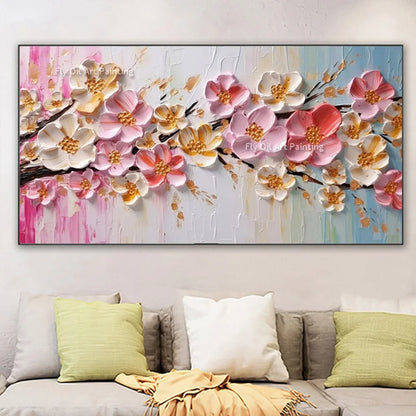 Luxe Petal | 3D Hand-Painted Abstract Gold Flowers – Elegant Knife Canvas Wall Art