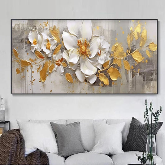 Luxe Petal | 3D Hand-Painted Abstract Gold Flowers – Elegant Knife Canvas Wall Art
