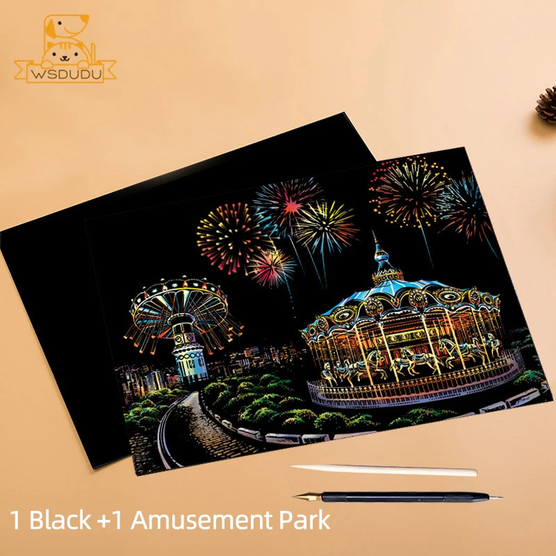 Scratch & Reveal: World Landmarks Night Edition – Stress Relief Art Kit for Adults & Kids